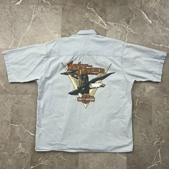 Vintage Harley Davidson Denim Shirt Mens XL Graphic Short Sleeve Button Up Eagle - Picture 1 of 11